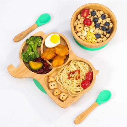 Bamboo Elephant Plate Bowl Spoon Set Stay-Put Suction Design - 6 Colours