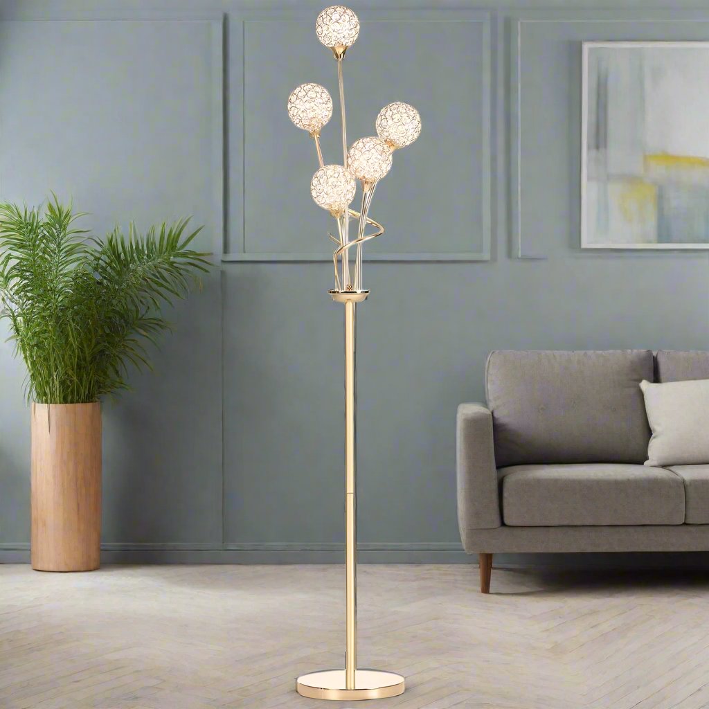K9 Crystal 5 Glass Balls Standing Floor Lamp Light Decoration - Gold