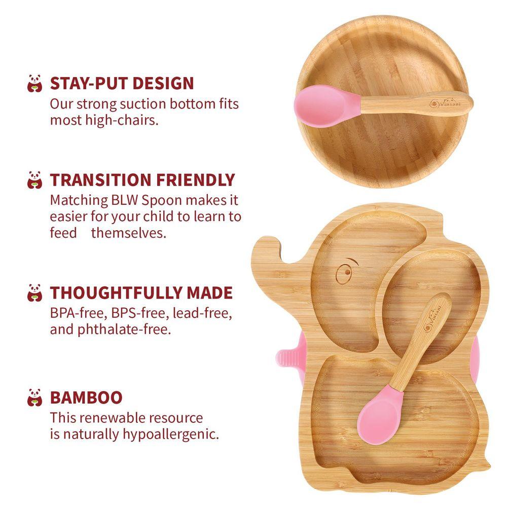 Bamboo Elephant Plate Bowl Spoon Set Stay-Put Suction Design - 6 Colours