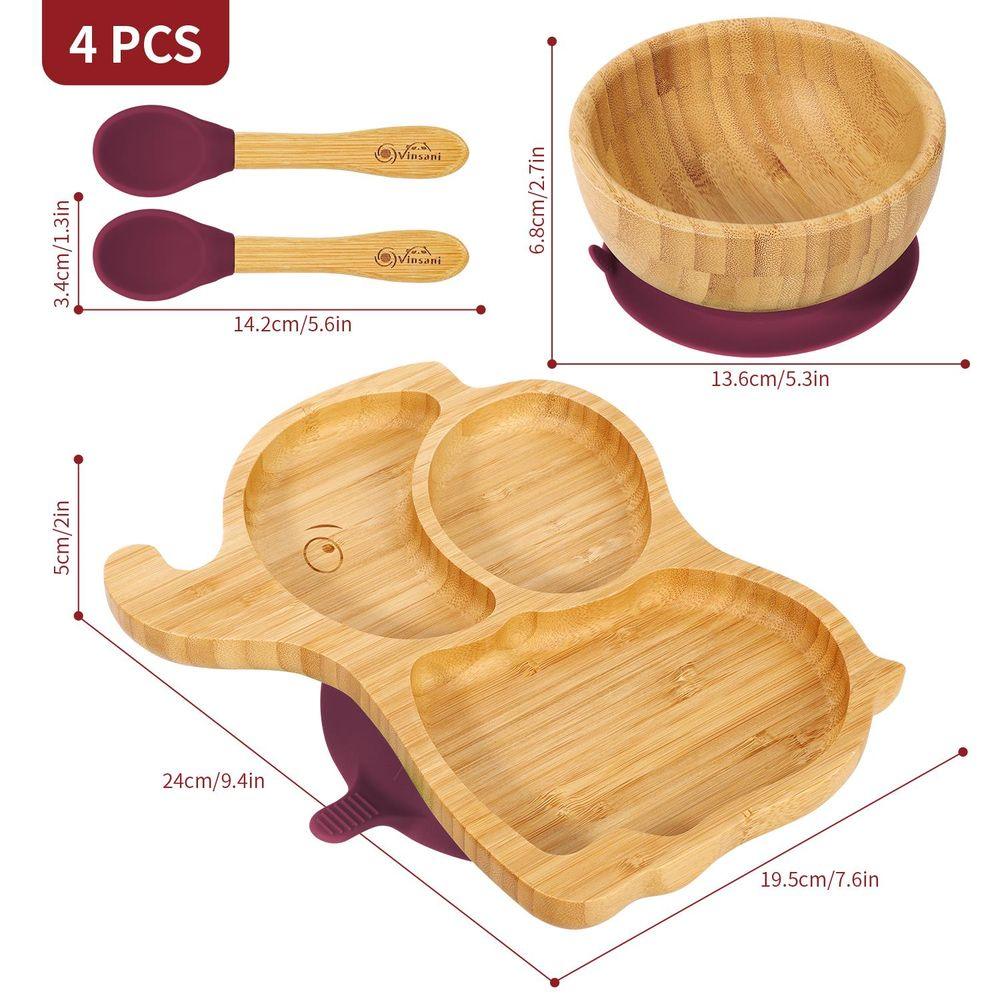 Bamboo Elephant Plate Bowl Spoon Set Stay-Put Suction Design - 6 Colours
