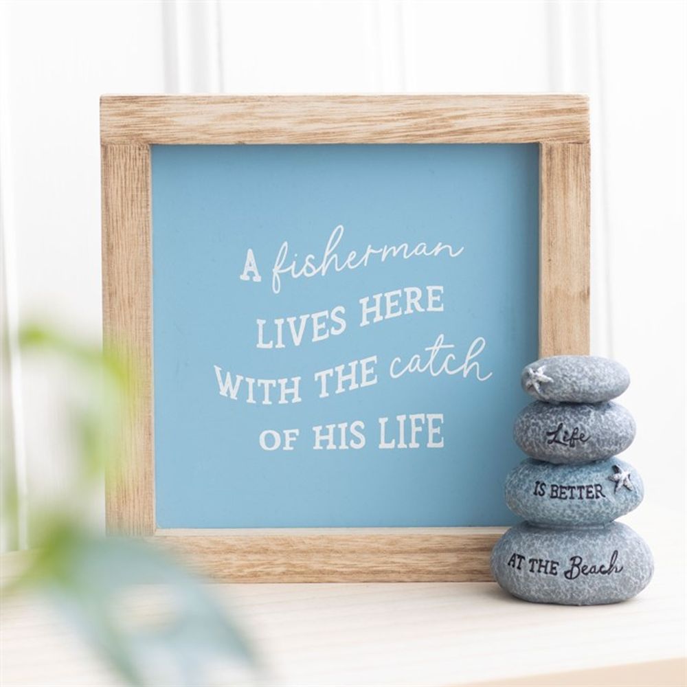 A Fisherman Lives Here Nautical Wooden Frame Wall Sign