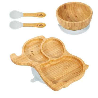 Bamboo Elephant Plate Bowl Spoon Set Stay-Put Suction Design - 6 Colours