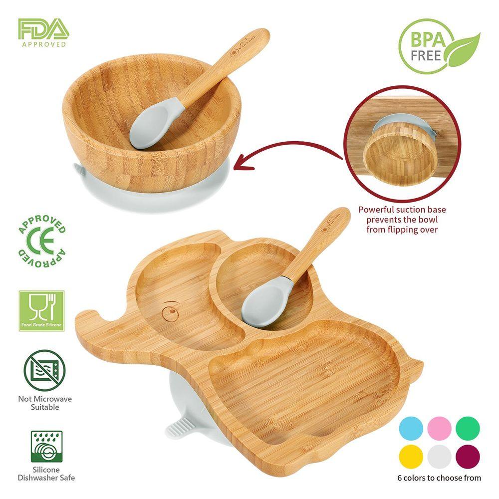 Bamboo Elephant Plate Bowl Spoon Set Stay-Put Suction Design - 6 Colours