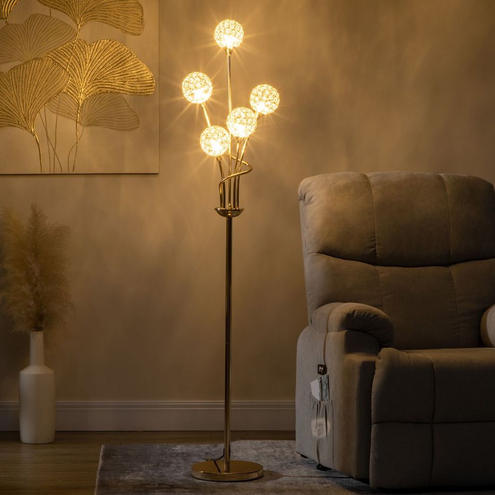 K9 Crystal 5 Glass Balls Standing Floor Lamp Light Decoration - Gold